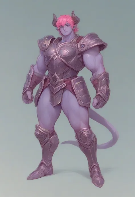 a purple skin man, with pink hair and horns, buff, athletic, big muscles, full body armor, warrior, big chest, manly face