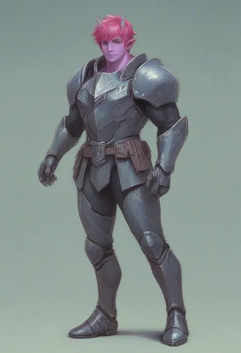 a purple skin man, with pink hair and horns, buff, athletic, big muscles, full body armor, warrior, big chest, manly face