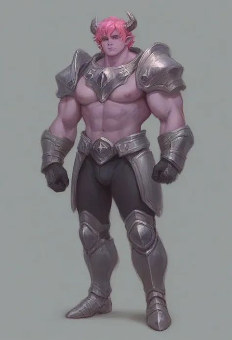 a purple skin man, with pink hair and horns, buff, athletic, big muscles, full body armor, warrior, big chest, manly face