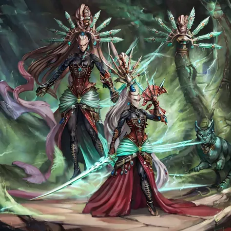 yvraine, an elegant and formidable aeldari warrior, dressed in her rune-adorned robe, wielding the sword kha-vir, surrounded by ...