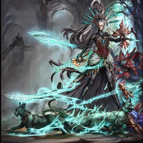 Yvraine, an elegant and formidable Aeldari warrior, dressed in her rune-adorned robe, wielding the sword Kha-vir, surrounded by a luminous and ethereal aura. Beside her, the Visarch, a towering warrior in ceremite armor, brandishing his cruel sword Asu-var...