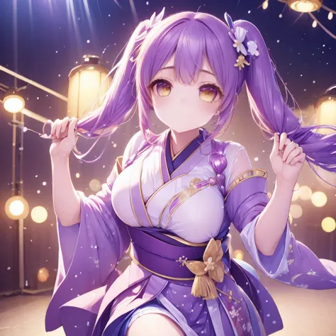 dynamic young woman、her vibrant purple hair is styled in twin tails.、they performed dynamic dance and singing on stage.、in-ear m...