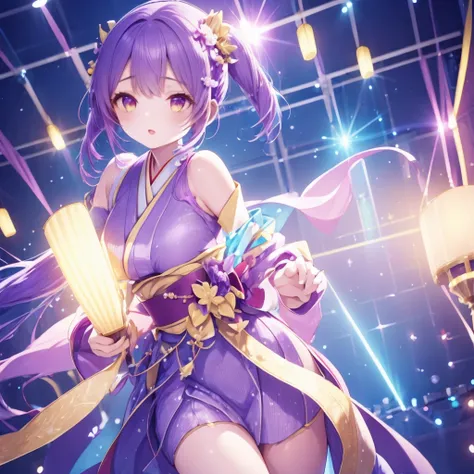 dynamic young woman、her vibrant purple hair is styled in twin tails.、they performed dynamic dance and singing on stage.、in-ear m...