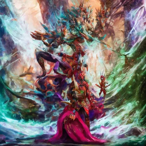 Yvraine, an elegant and formidable Aeldari warrior, dressed in her rune-adorned robe, wielding the sword Kha-vir, surrounded by a luminous and ethereal aura. Beside her, the Visarch, a towering warrior in ceremite armor, brandishing his cruel sword Asu-var...