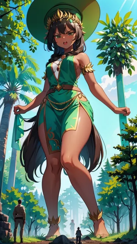 In a forest of large trees there is an even larger Amazonian giantess, with brown skin, black hair, thin, with clothes of the forest, and with very long legs, she is looking for small human invaders of the forest to destroy them so that they do not disturb...