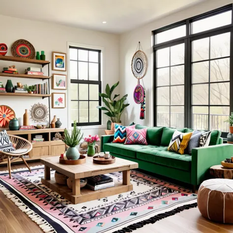 Design a bright and cozy living room featuring a mix of modern and eclectic decor. The room includes a green sofa with colorful throw pillows, a wooden coffee table, and a black and white patterned rug. The walls are adorned with various wall hangings and ...