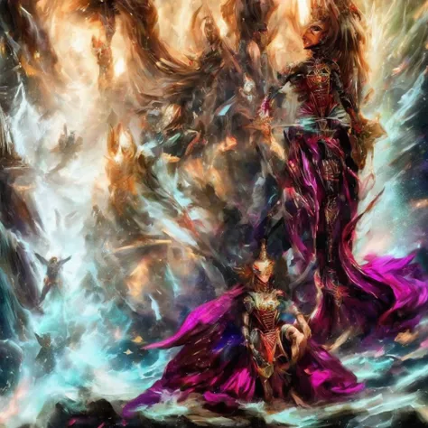 Yvraine, an elegant and formidable Aeldari warrior, dressed in her rune-adorned robe, wielding the sword Kha-vir, surrounded by a luminous and ethereal aura. Beside her, the Visarch, a towering warrior in ceremite armor, brandishing his cruel sword Asu-var...