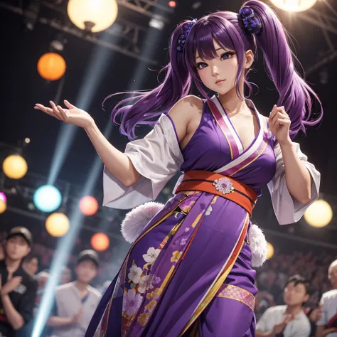 Dynamic young woman、Her vibrant purple hair is styled in twin tails.、Dynamic dancing and singing on stage、In-ear microphone、Wearing a costume that combines elements of traditional kimono and modern idol costumes,、With a fan in each hand、Contemporary influe...