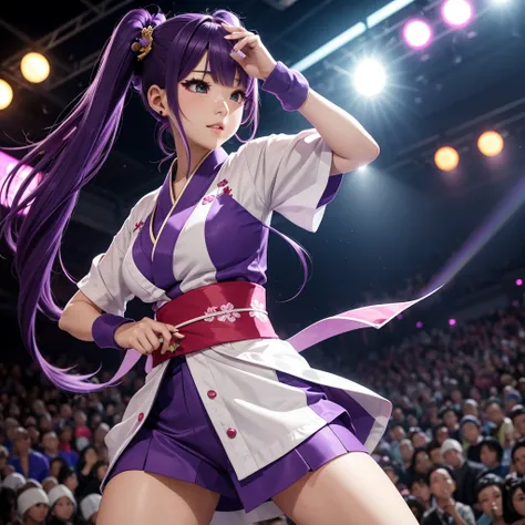 Dynamic young woman、Her vibrant purple hair is styled in twin tails.、Dynamic dancing and singing on stage、In-ear microphone、Wearing a costume that combines elements of traditional kimono and modern idol costumes,、With a fan in each hand、Contemporary influe...