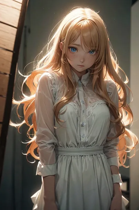 ((1 Female, 1 person, Solitary) Alice,  Humanity, Long curly blond hair, blue eyes, freckle, teenager, 18 years, Rebirth_ongoing) (Main Part, Super detailed, 8K, (HD, Sunlight:0.5, Soft_shadow:0.5, atmosphere_light, 8K, 4K, Surrealism, elegant, ((((Appeara...