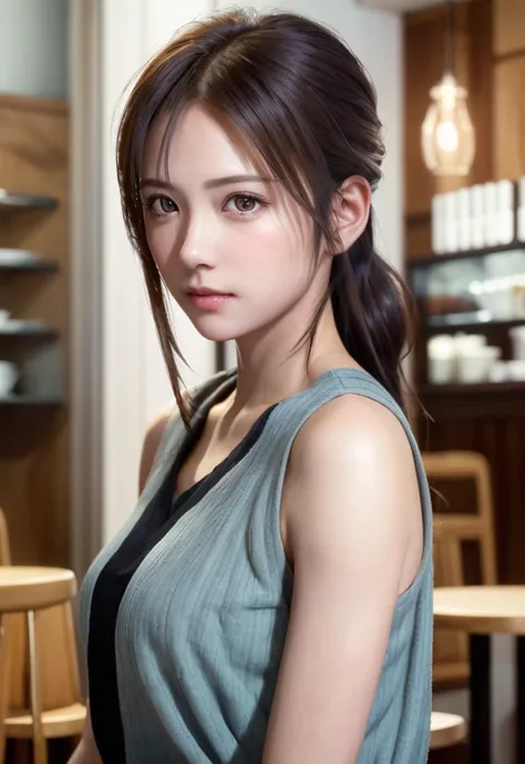 8K, of the highest quality, masutepiece:1.2), (Realistic, Photorealsitic:1.37), of the highest quality, masutepiece, Beautiful young woman, Pensive expression, Thoughtful look, Cafe clerk、Hair tied back, Cinematic background, Light skin tone