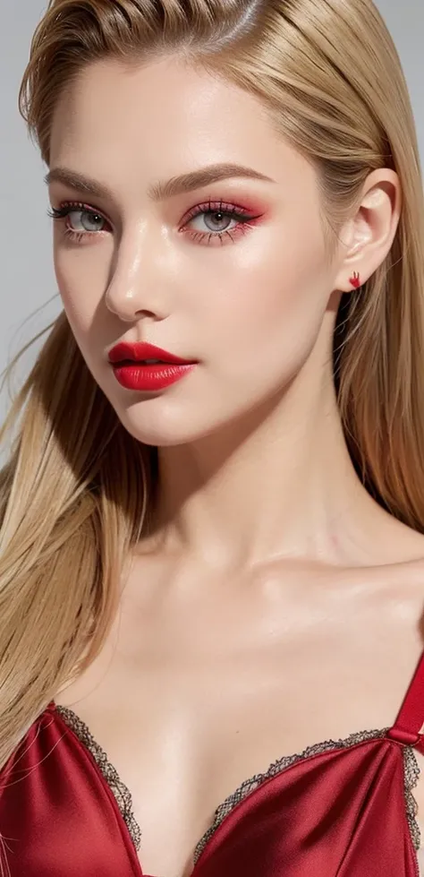 Red make-up,  red lipstick, slicked back Blond hair, Detailed Face, Detailed Lips, Detailed Eyes, 