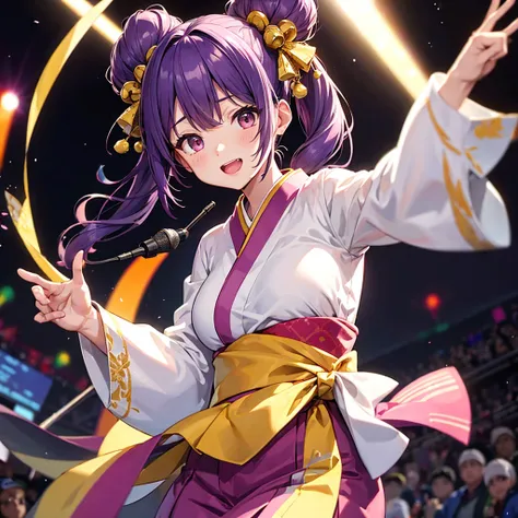 dynamic young woman、her vibrant purple hair is styled in twin tails.、dynamic dancing and singing on stage、in-ear microphone、wear...