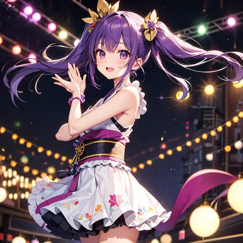 dynamic young woman、her vibrant purple hair is styled in twin tails.、dynamic dancing and singing on stage、in-ear microphone、wear...