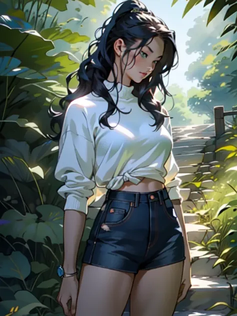 ((Best quality)), ((masterpiece)), ((realistic)), ((beautiful female martial artist)), (milf:1.3), (arrogant woman:1.4) standing tall, her slender form glistening in the golden rays of a summer sunrise. Her eyes, a captivating shade of emerald, pierce thro...