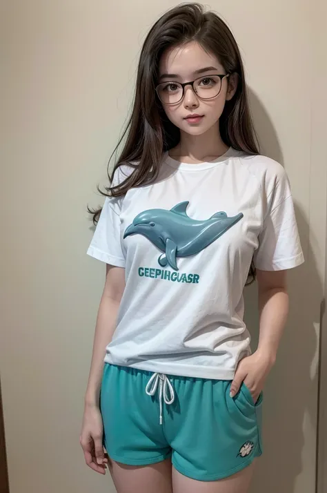 nerdy volupturous girl in shirt and dolphin shorts with glasses