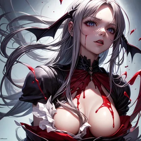 His chest was covered in blood、Anime girl with blood dripping from her chest, Gothic girl anime girl, gapmoe Yandere grimdark, Devil anime girl, Shatia Bradfren, Bad guy anime 8k, Yandere intricate, portrait gapmoe Yandere grimdark, Vampire Girl, bloody + ...