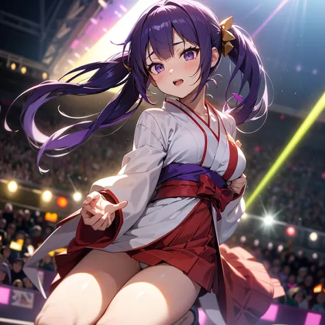 NSFW, Dynamic young woman、Her vibrant purple hair is styled in twin tails.、Dynamic dancing and singing on stage、In-ear microphone、Wearing a costume that combines elements of traditional kimono and modern idol costumes,、With a fan in each hand、Contemporary ...