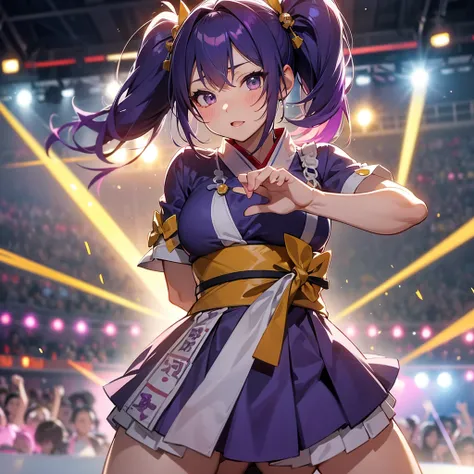 NSFW, Dynamic young woman、Her vibrant purple hair is styled in twin tails.、Dynamic dancing and singing on stage、In-ear microphone、Wearing a costume that combines elements of traditional kimono and modern idol costumes,、With a fan in each hand、Contemporary ...