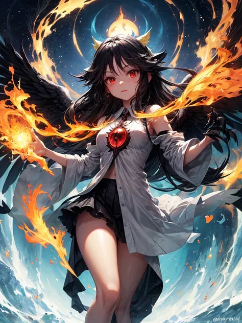 Utsuho Reiuji: Utsuho resembles a black bird, with wings and sharp claws. Her black hair has a fiery crown, and she possesses nuclear fusion abilities, with reactor-like patterns on her head.