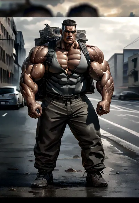 Strong muscular man, street rage, backpack, epic realism, photo, faded, complex stuff around, complex background, wet, neutral colors, ((((hdr)))), (((( muted colors)))), complex scene, artstation, intricate details, vignette