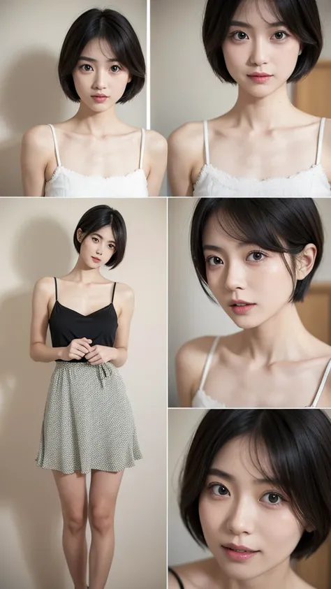 Japanese、woman、Short Hair、Camisole dress、Create 4 more images with different expressions