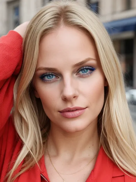 1 girl, photorealistic, femme blonde aux yeux bleus, Souriant, Selfie, Shopping dans la ville, Tenue rouge sexy, Lara Stein, Alexandra Waliszewska, Schulterlanges blondes cheveux, La plus belle femme du monde, beau look, perfect detail, Victoria’s Secret-M...