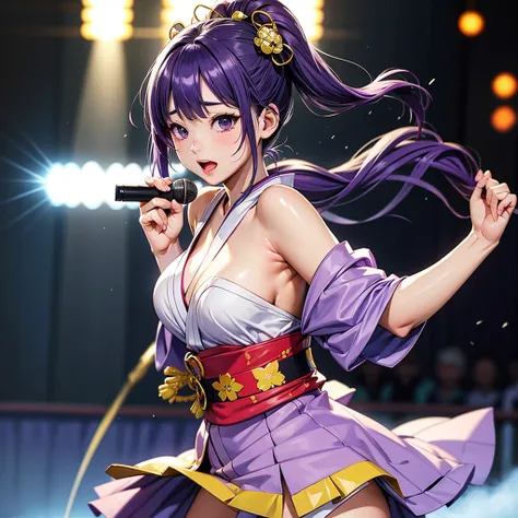 NSFW、Dynamic young woman、Her vibrant purple hair is styled in twin tails.、Dynamic dancing and singing on stage、In-ear microphone、Wearing a costume that combines elements of traditional kimono and modern idol costumes,、With a fan in each hand、Contemporary i...