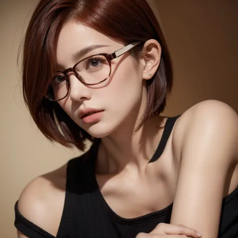 A girl with boyish short red hair reaching her ears and brown eyes , wearing a glasses , and wear  