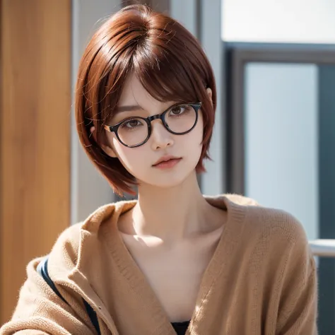 A girl with boyish short red hair reaching her ears and brown eyes , wearing a glasses , and wear  