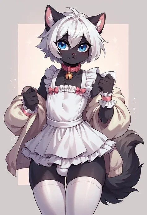 work of art, perfect, highy detailed, (small hibryd anthro cat femboy), fluffy black fur, ((blue colored eyes)), ((1))fluffy cat tail, short white hair, tiny chest, (CUTE CAT Ears), Wearing a collar, short maid dress, White silk gloves, silk white thigh so...