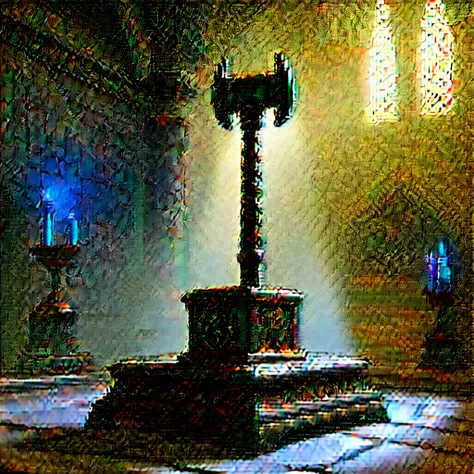 Visualize a medieval fantasy hammer resting atop a weathered stone pedestal in the center of an empty, ancient chamber. The hammers handle is hewn from sturdy oak, wrapped in supple leather adorned with intricate runes that faintly shimmer with arcane powe...