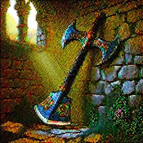 Picture a medieval fantasy axe leaning against a weathered stone wall in the corner of an empty, dimly lit chamber. The axes haft is crafted from ancient oak, its surface adorned with intricate carvings that tell tales of heroic deeds and mythical beasts. ...