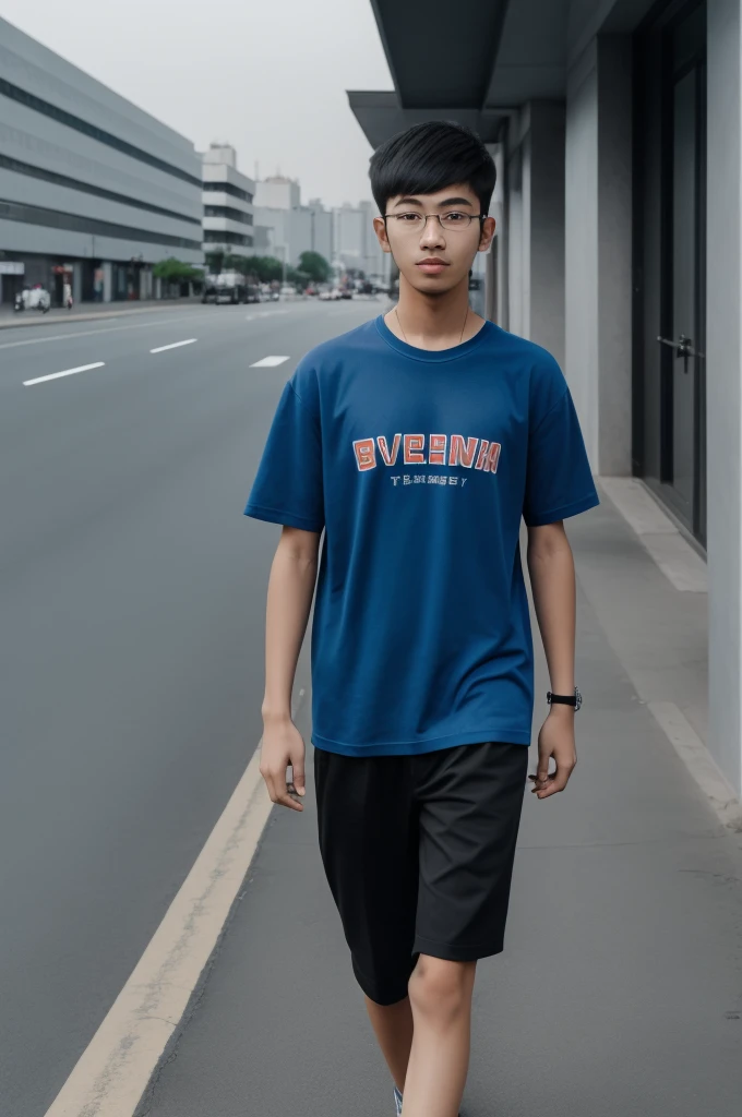 21 year old Beijing boy, he is wearing a oversize xxl blue plain t-shirt, he is wearing black trousers, he is wearing sneakers, he is wearing glasses, city, full body,  he is buzz cut Hair, foot, walking 