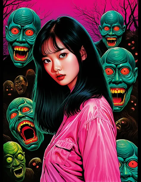 An illustration、art、80s Thai horror movie poster, Supervised by Junji Ito、High detail, Realistic shadows、Analog Style, chromatic aberration, Surrealism、Complementary Gradient