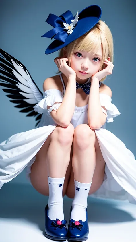 uekura, 1girl, blonde hair, white background, hat, dress, blue footwear, wings, simple background, signature, flower, nail polish, wide sleeves, long sleeves, blush, animal, white flower, solo, full body, bird, looking at viewer, high heels, hand on own ch...