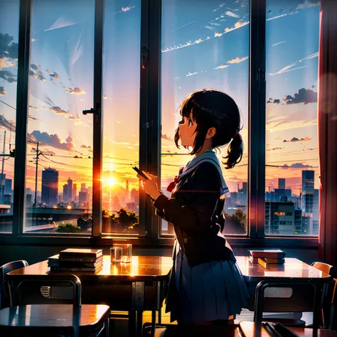 A young elementary school girl singing alone in the classroom. Outside the window is a sunset.