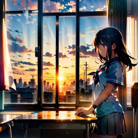 A young elementary school girl singing alone in the classroom. Outside the window is a sunset.