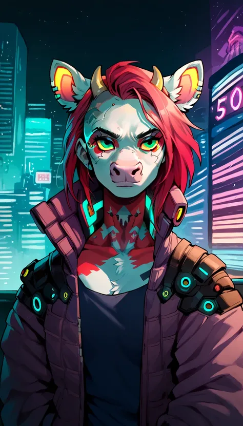 score_9, score_8_up, score_7_up, (cyberpunk buildings, cyberpunk neon signs, cyberpunk cars, cyberpunk-style city on background),
((Cow:1.2), anthro, solo, female, (closeup portrait), (focus on face:1.5), (dancing), (holding, large boobs), ((wearing clothe...