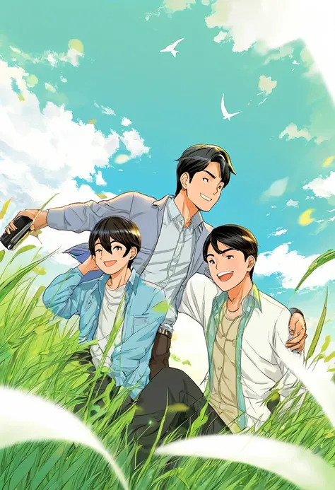 ove triangel, one beautiful hijab woman, and two handsome men in casual shirt, under the blue sky and green grassland, manga style,