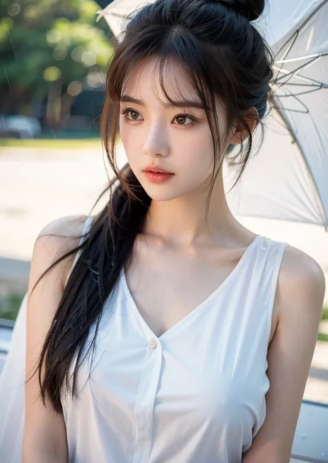 (((Upper body shot，Close-up photo)))、(((long hair，Bun hairstyle)))、(((Rainy Day，get wet)))、(((White summer chiffon shirt，get wet雪紡衫)))、18 years old、angry、girl、Plump breasts、Point on chest、Penetrating breasts、Showing nipples、Light eye makeup、Ultra-realistic...