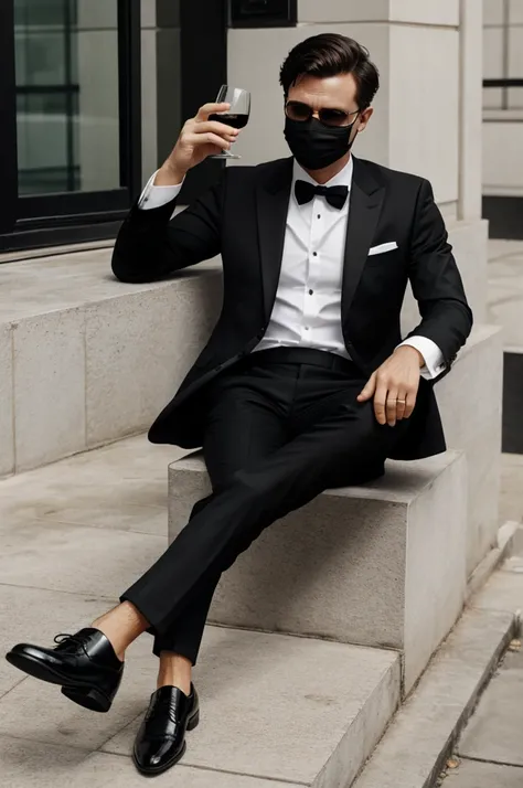 White man wearing black suit and shoes black mask semi short hair and having a glass of chapange