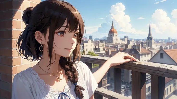 Standing on the balcony of a high-rise apartment building、Tower apartment building in the background、sunny、cumulonimbus、Downtown cityscape、Expression looking into the distance(Highest quality、masterpiece、High resolution)、(Sargent-style watercolor)、(Anime A...