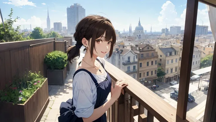 Standing on the balcony of a high-rise apartment building、Tower apartment building in the background、sunny、cumulonimbus、Downtown cityscape、Expression looking into the distance(Highest quality、masterpiece、High resolution)、(Sargent-style watercolor)、(Anime A...