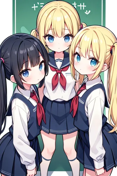 3girls, 2 blonde, 1 long twin tails, 1 medium length hair, 1 short black hair, {schoolgirl uniforms}, 2 sisters, 1 stepsister.