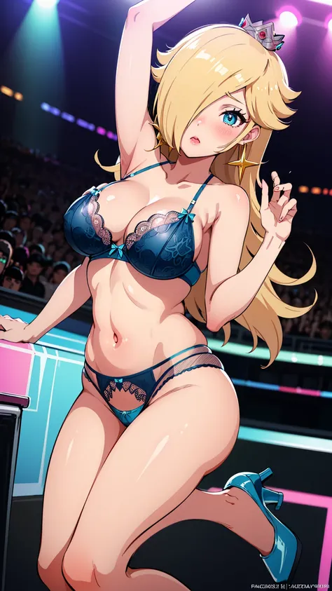 best quality, high resolution, large breasts, blonde hair, blush, embarrassed, cowboy shot, looking at viewer, princess_rosalina, pink lip, sexy legs, heels, sexy pose, (((in nightclub))), (((lingerie))), (((paizuri invitation))), (((paizuri pornstar))), (...