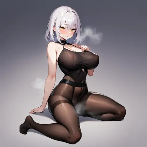 nsfw,1girl,pale hair,yellow eyes,pale eyes,masterpiece,best quality,very aesthetic,absurdres,(front view),(purple),(big breast),full body,(shoulder),knees,Steamy,pantyhose