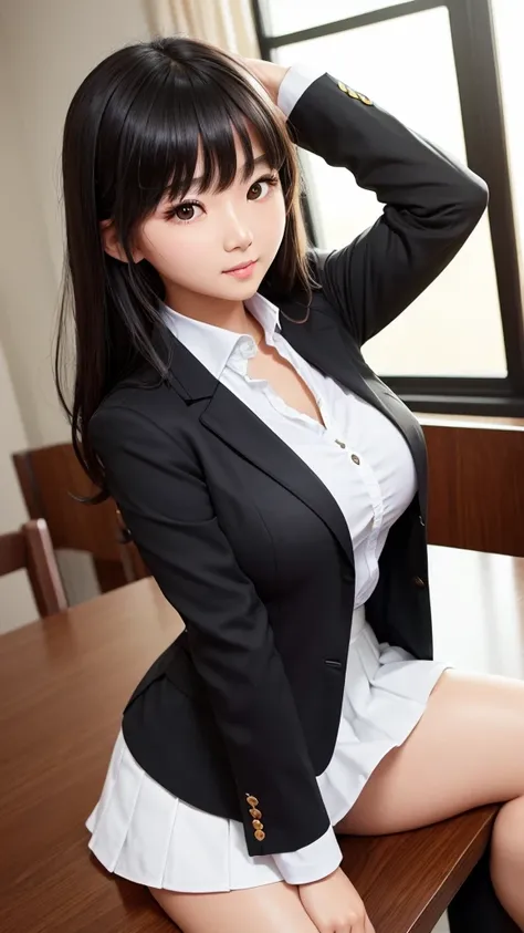 ((high quality)), ((Tabletop)), (Detailed face), (highlight),　Asian Girl、Big breasts、thigh、Black Hair、Heavy bangs、high school girl、skirt、blazer、