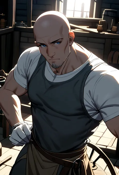 40 year old male, bald head, grey goatee, dark blue eyes, grey tank top, white t-shirt, white gloves, blacksmith