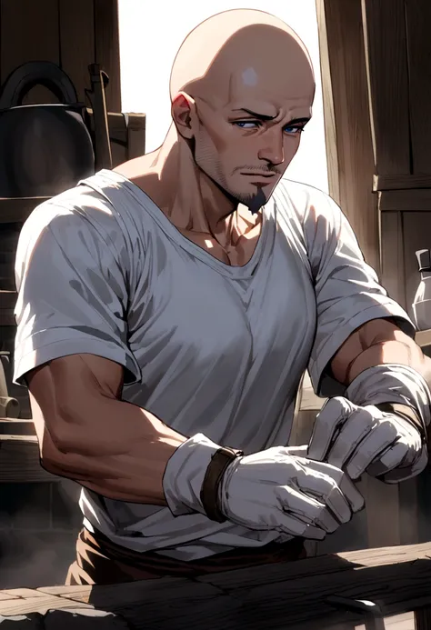 40 year old male, bald head, grey goatee, dark blue eyes, grey tank top, white t-shirt, white gloves, blacksmith